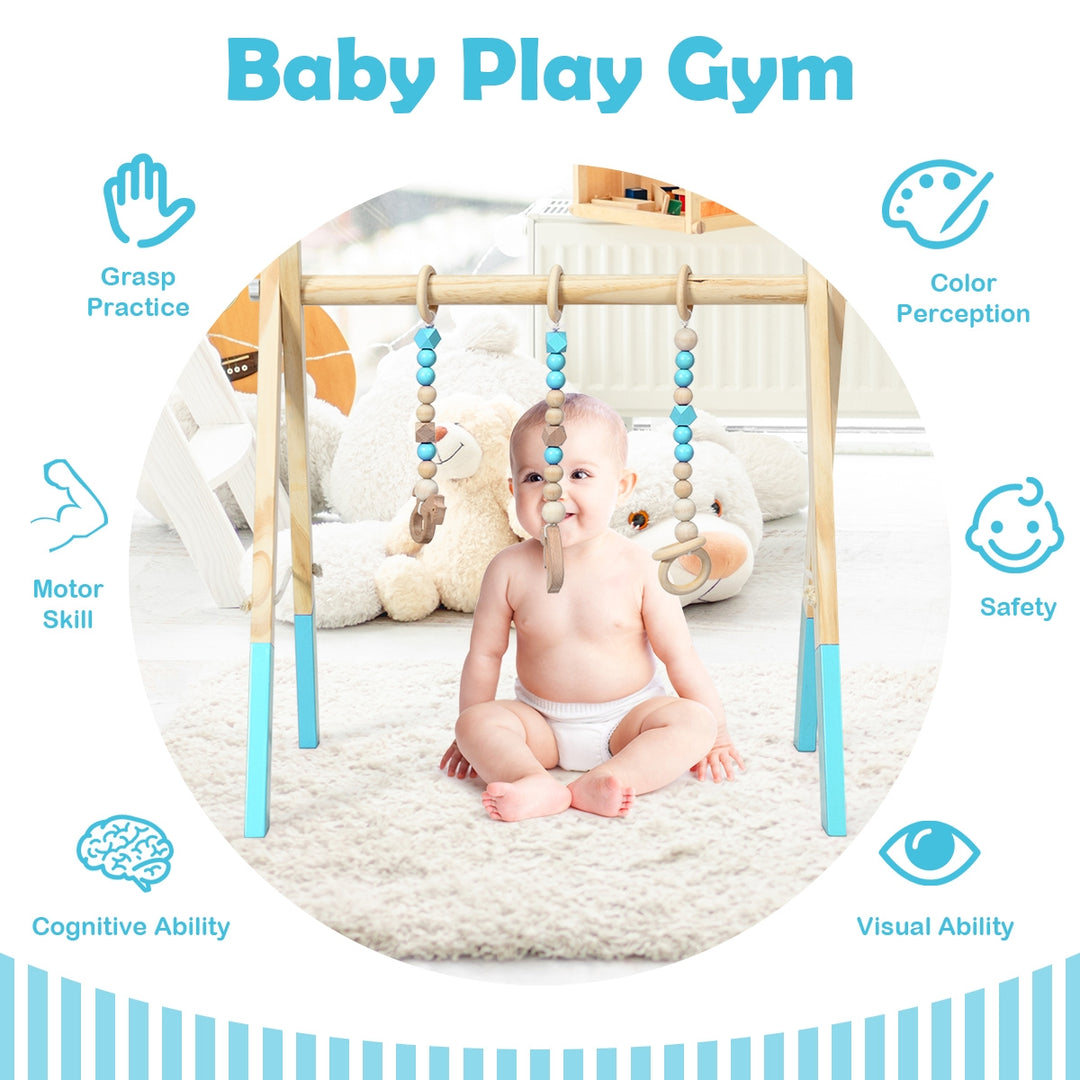 Portable 3 Wooden Newborn Baby Exercise Activity Gym Teething Toys Hanging Bar-Blue