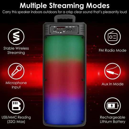 Portable Wireless Party Speaker Dual 8in Colorful Lights DJ PA System with TWS Function FM Radio USB MMC Card Reading Aux In Recording Function Wirele