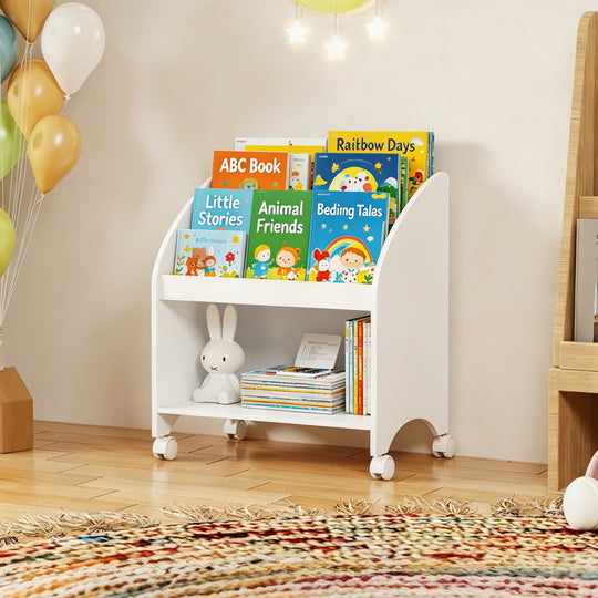 Kids Bookshelf with Wheels, 3-Tier Front Display Bookcase with Storage Shelf, Mobile Children Book Organizer with Lockab