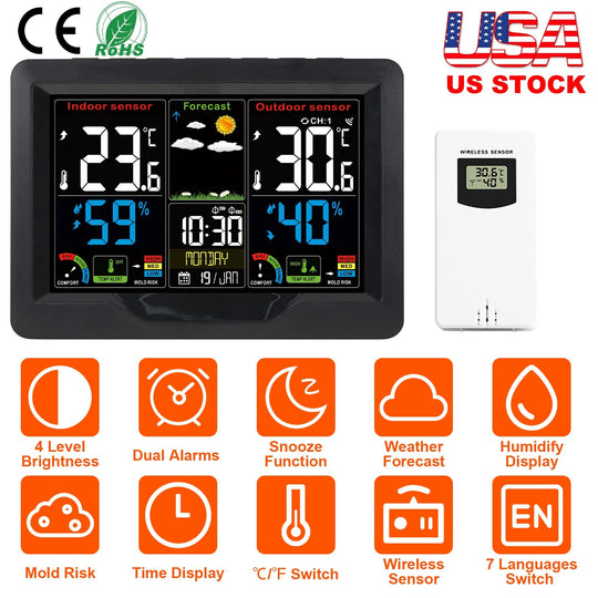 Electric Weather Station Snooze Alarm Clock Wireless Sensor Indoor Outdoor Thermometer Humidity Weather Forecast Temperature Frost Alert with Backligh