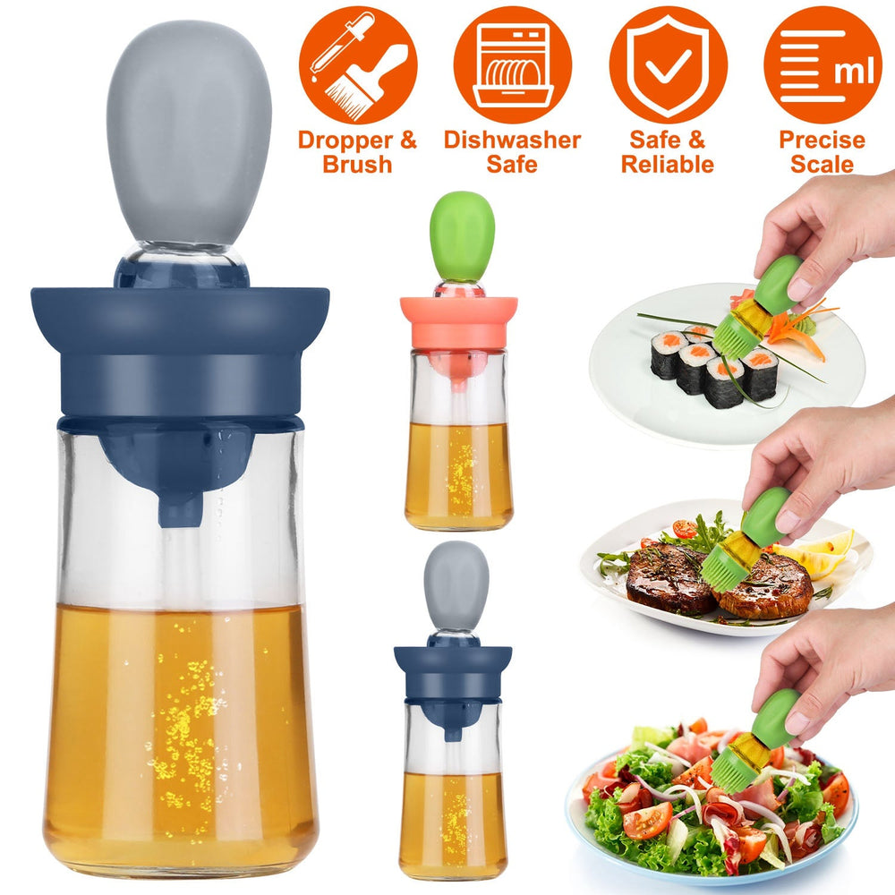 Oil Dispenser Bottle 2 In 1 Cooking Glass Olive Oil Dispenser Silicone Dropper with Silicone Brush Dropper Measuring Container for Kitchen Baking BBQ