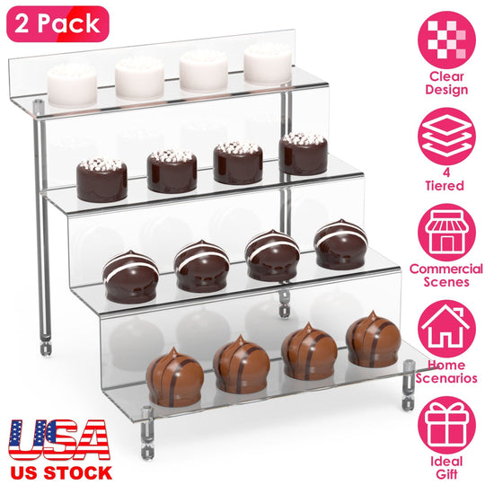 2 Pack 4 Tiered Acrylic Riser Display Shelf Display Stands For Products Clear Figure Display Shelf for Pops Action Figure Collectibles Souvenir Desser