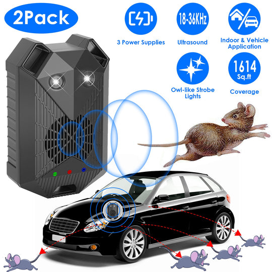 2 Pack Under Hood Ultrasonic Rodent Repeller Rodent Control Deterrent Chaser Blocker for Vehicle Indoor with Strobe Light 3 Power Supplies