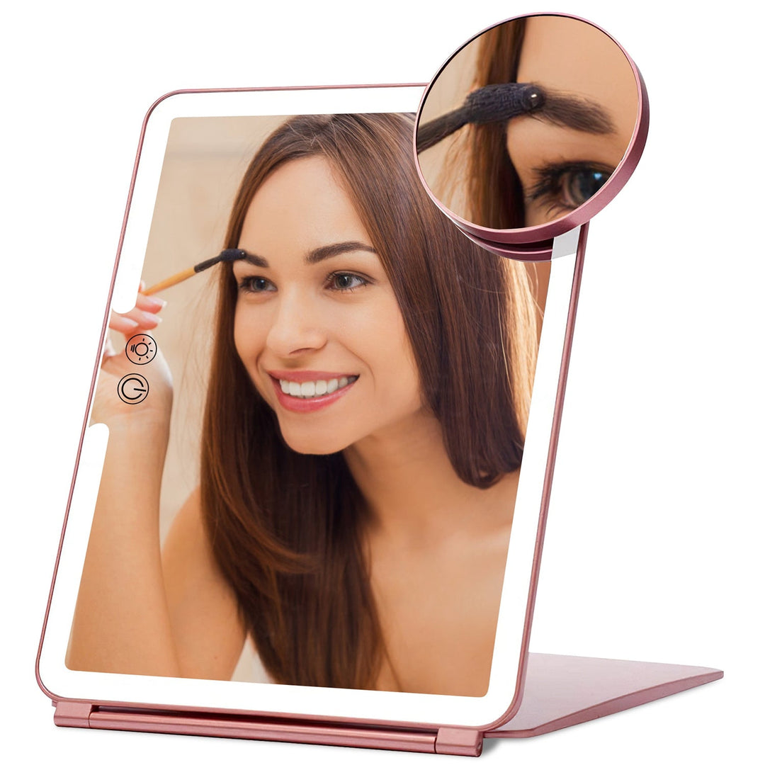 Folding Travel Makeup Mirror With 10X Magnifying Mirror 3 Color LED Lights Dimmable Brightness Rechargeable Battery Tabletop Portable Cosmetic Mirror