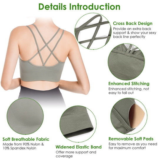 3Packs Women Cross Back Sport Bras Padded StrappyÊMedium Support Bras SexyÊFitnessÊTank Tops with Removable Pads for Gym Yoga Workout Running