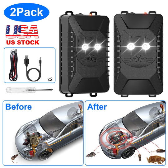 2 Packs Under Hood Ultrasonic Rodent Repellent Mouse Wildcat Control Portable Rodent Chaser with 3 Power Supplies for Car Home Garage