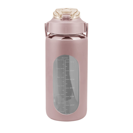 34Oz Glass Water Bottle Sports Water Bottle Motivational Water Bottle Water Intake Tracker Bottle with Straw Time Marker Silicone Sleeve Handle for Gy