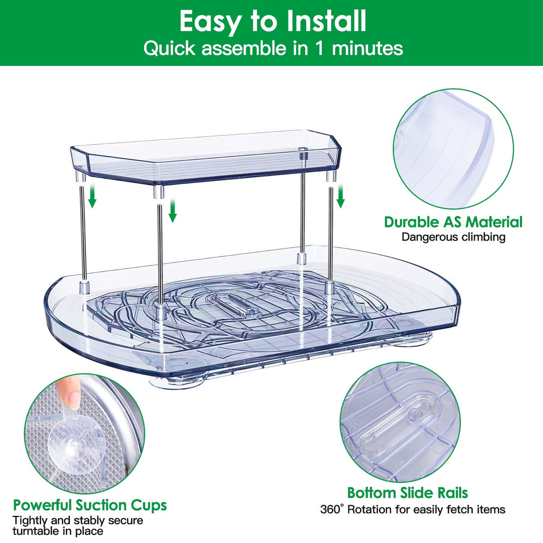 2 Tier Turntable Organizer Rectangular Refrigerator Spinner Storage Rack with 360¡ Rotatable Slide Rail for Kitchen Cabinet Countertop