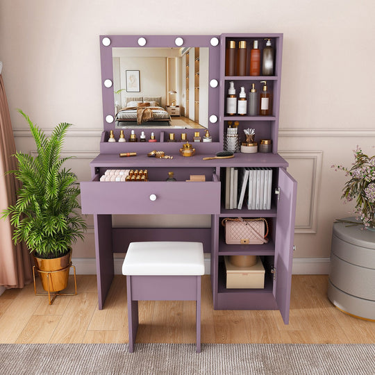 Purple Vanity Desk with Lighted Mirror & Padded Stool