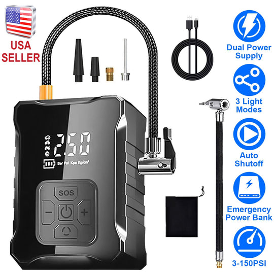 150PSI Cordless Tire Inflator Digital Air Compressor with LED Light Emergency Power Bank for Cars Motorcycles Bicycles Balls