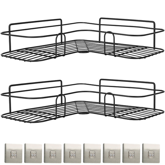 2Pcs Corner Shower Caddy Shelves Wall Mounted Basket Rack Bathroom Shampoo Holder Storage Organizer W/ 8Pcs Adhesive Hooks For Toilet Dorm Kitchen
