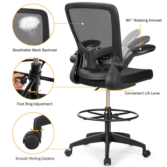 Height Adjustable Drafting Chair with Flip Up Arms