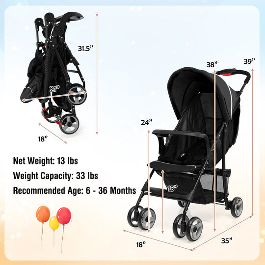 Toddler Travel Stroller for Airplane with Canopy and Adjustable Backrest-Black