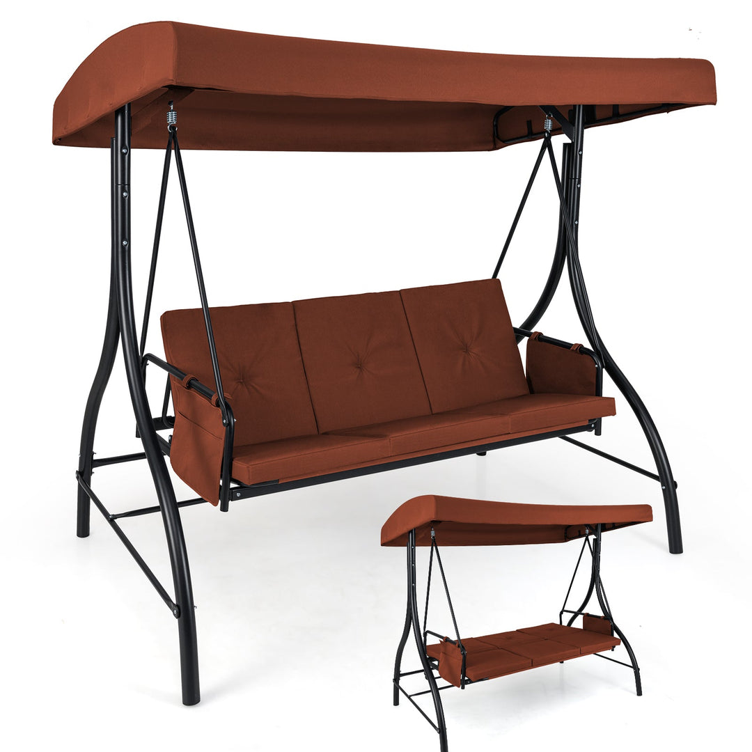 3-Piece Patio Swing with Canopy Removable Cushions and Side Pockets