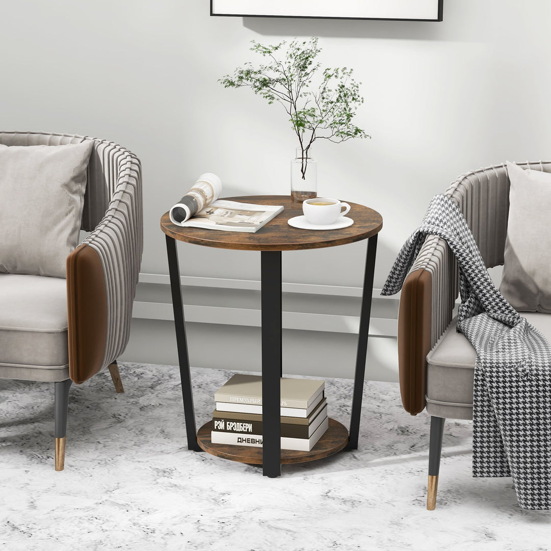 2-tier Round End Table with Storage Shelf & Metal Frame
