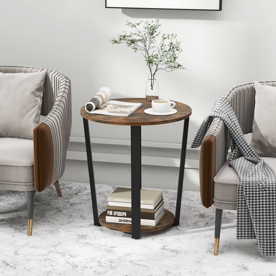 2-tier Round End Table with Storage Shelf & Metal Frame