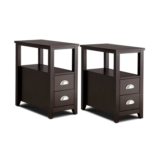 Set of 2 End Table Wooden with 2 Drawer & Shelf Bedside Table