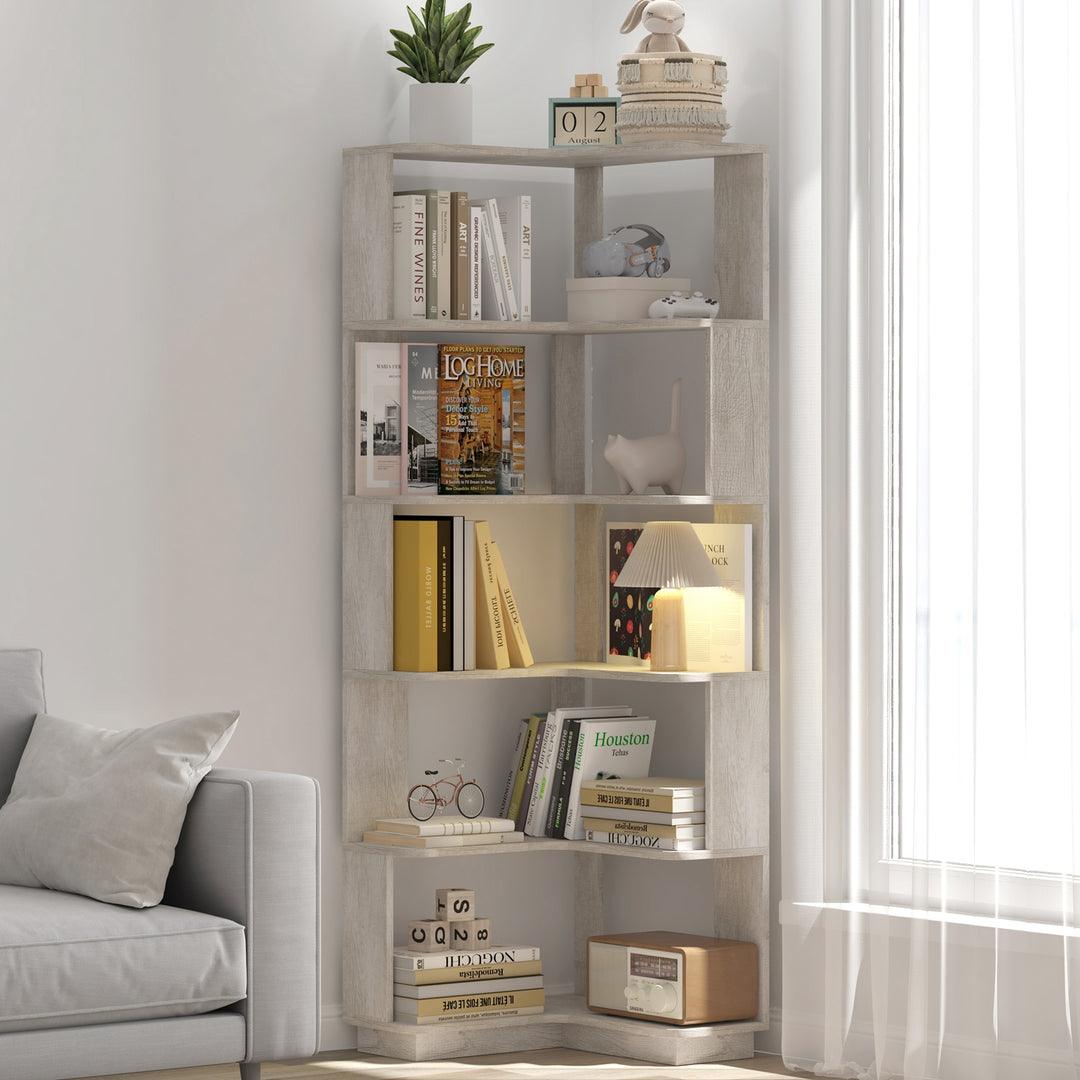 6 Tier Freestanding L-Shaped Corner Bookshelf For Living Room, Bedroom, Wooden Bookcase with anti-drop panle & anti tipp