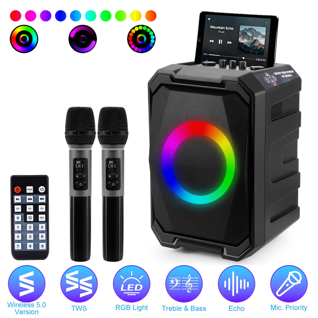 Portable Wireless Party Speaker | LED Lights, 2 Wireless Mics, Remote, TWS & Guitar Input