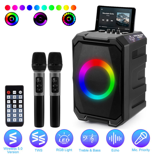Portable Wireless Party Speaker | LED Lights, 2 Wireless Mics, Remote, TWS & Guitar Input