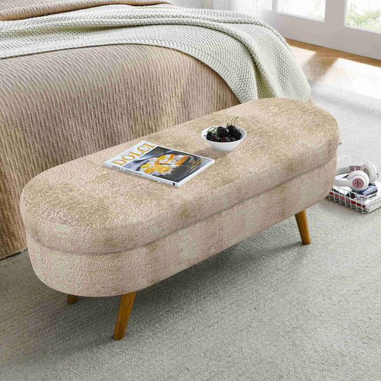 Oval Storage Ottoman Bench, Upholstered Storage Bench with Rubberwood Legs, Multifunctional Entryway Bench for Bedroom L