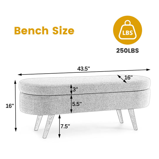 Oval Storage Ottoman Bench, Upholstered Storage Bench with Rubberwood Legs, Multifunctional Entryway Bench for Bedroom L