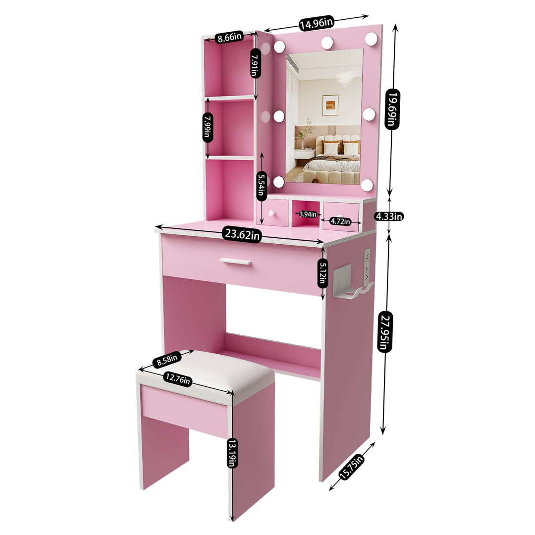 Vanity Desk Set with LED Lighted Mirror, Padded Stool, Power Outlet & Hair Dryer Holder, Compact Makeup Vanity for Small