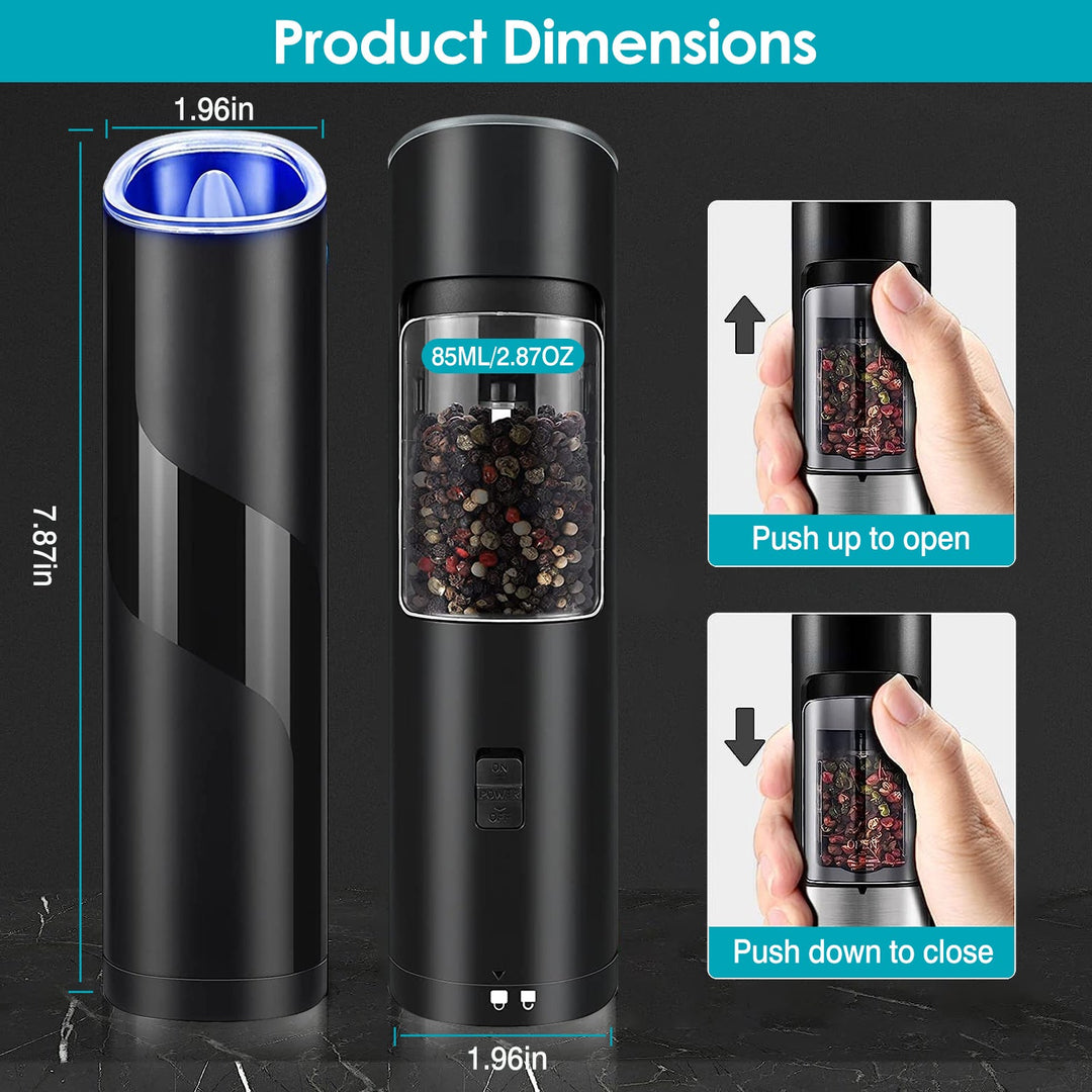 Electric Salt and Pepper Grinder Automatic Gravity Sensor Battery Powered Salt Mill LED Indicator Adjustable Coarseness One Hand Easy Operation
