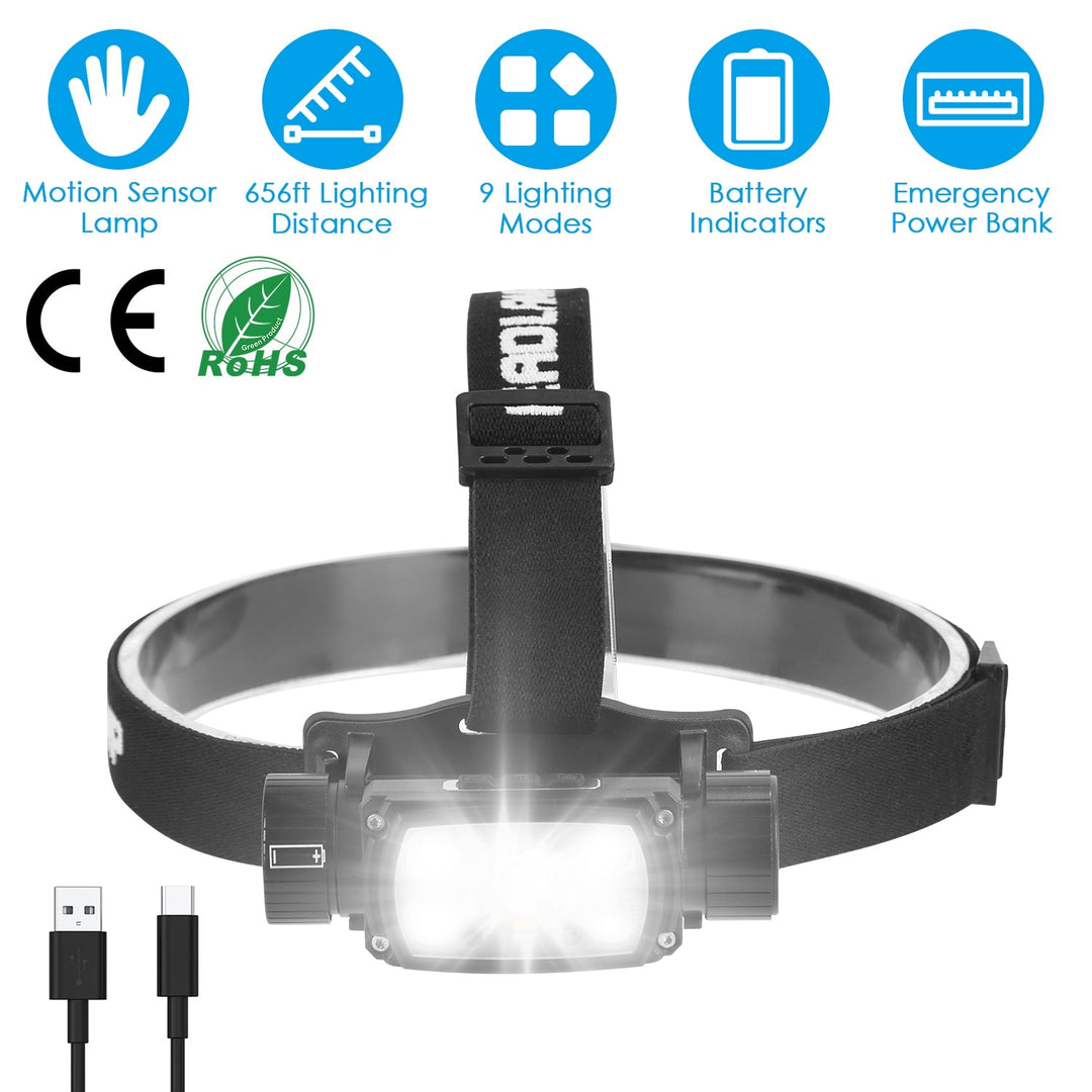 Rechargeable Motion Sensor Headlamp 9 Light Modes Hand Wave Headlight Phone Charging Torch Flashlight for Fishing Running Camping Hiking