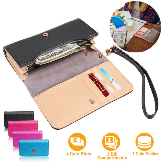 Women Wristlet Wallet PU Leather Lady Purse Credit Card Holder 4 Card Slots 3 Money Pouches 1 Coin Pocket