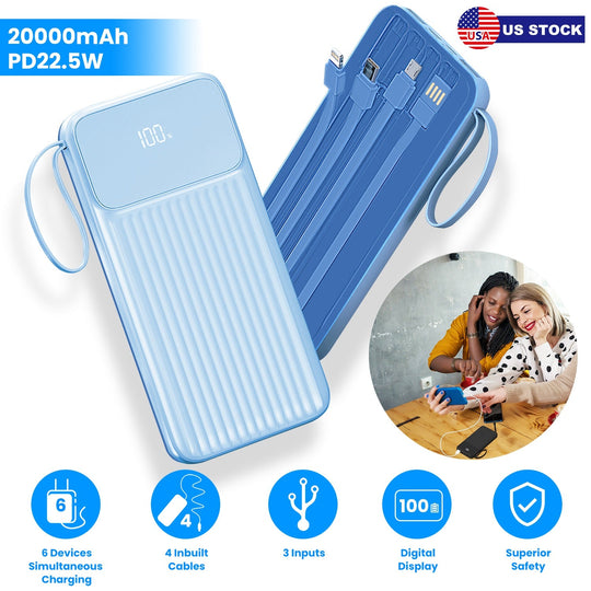 PD22.5W Fast Charger 20000mAh Fast Charging Power Bank Portable Charger with 4 Inbuilt Cables Digital Display Handle Fit For IOSPhone 15/14 Android An