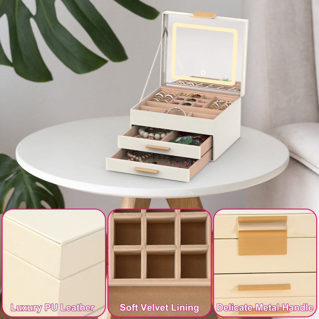 Jewelry Box with LED Mirror 3-Layer Jewelry Organizer with 2 Drawers PU Jewelry Holder with 3 Mirror Light Colors Dimmable for Earrings Rings Bracelet