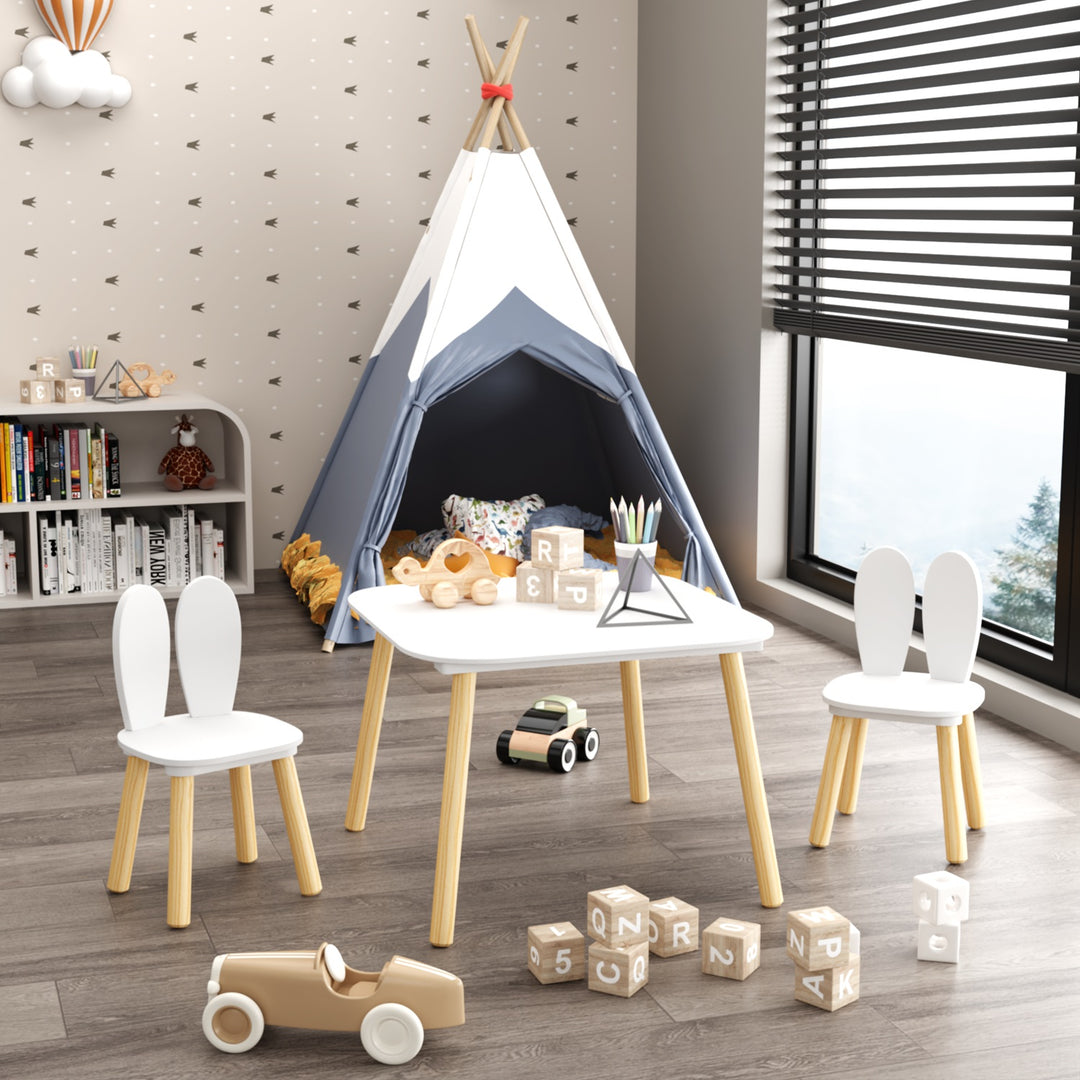 3-Piece Kids Wooden Table and Chair Set, Rabbit Ear Themed Toddler Activity Play Table with 2 Chairs, Solid Wood & MDF C