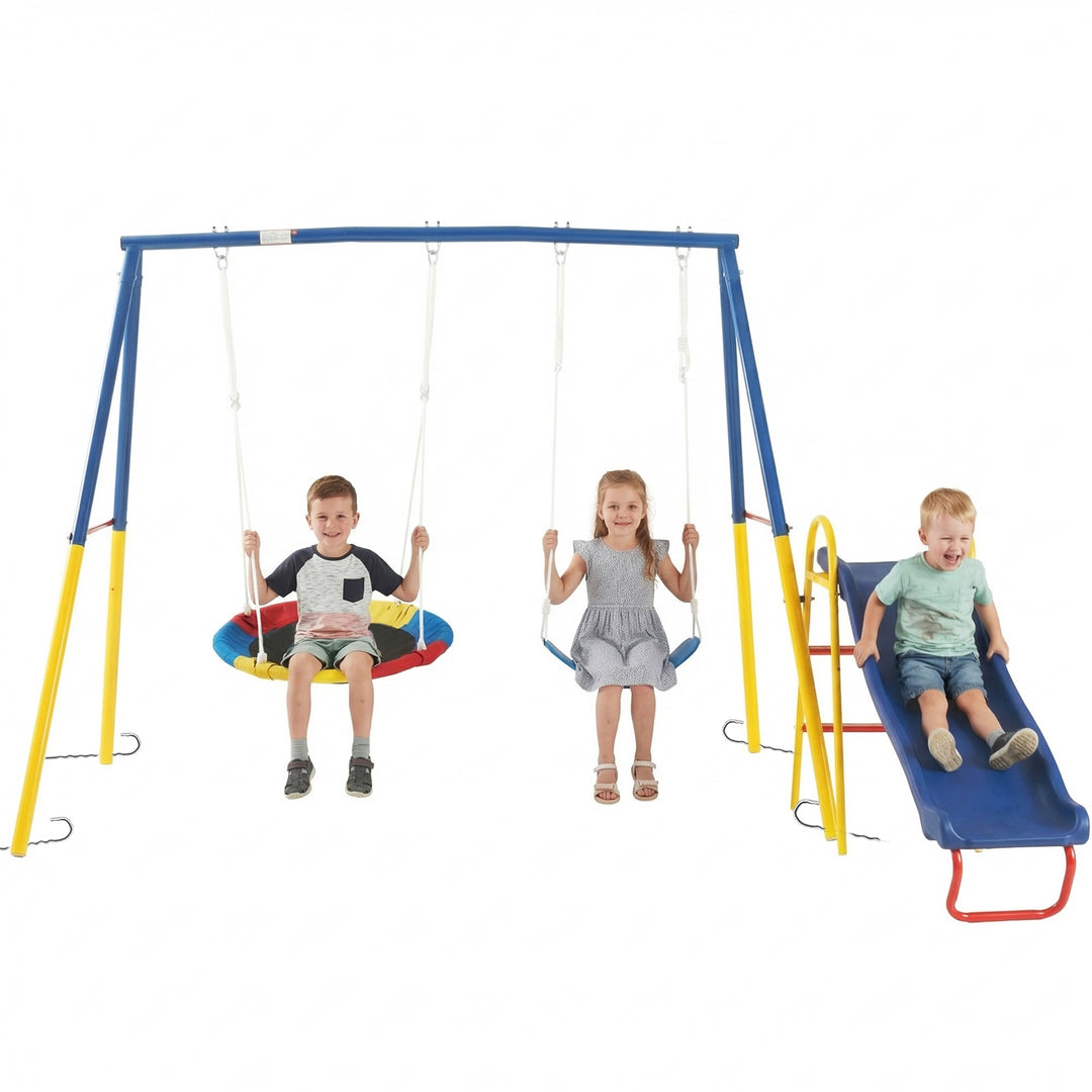 3 in 1 Swing Set with Slide for Backyard, Outdoor Playground Set with 33 Inch Saucer Swing, Belt Swing and Kids Slide, H