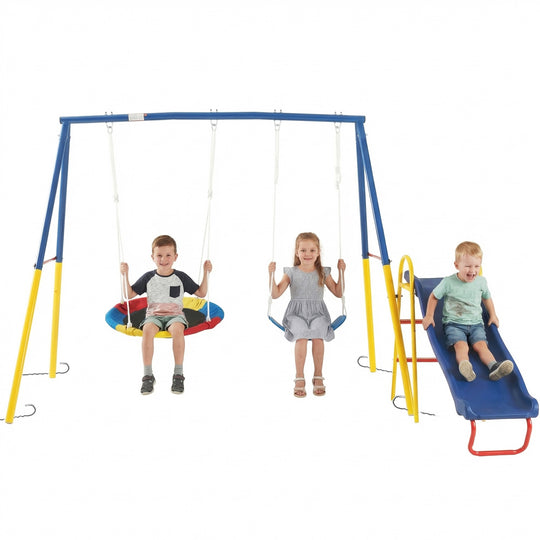 3 in 1 Swing Set with Slide for Backyard, Outdoor Playground Set with 33 Inch Saucer Swing, Belt Swing and Kids Slide, H