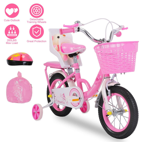 12in Carbon Steel Kid Bike with Backpack Streamers Helmet Detachable Training Wheels