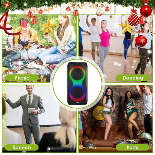 Portable Wireless Party Speaker with 7 Colorful Lights Remote Control Party Speaker with TWS Function FM Radio USB MMC Card Reading Aux In Recording F