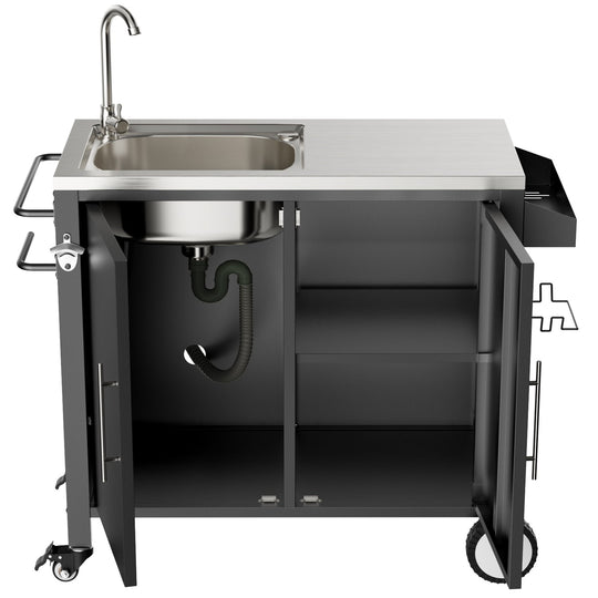 Outdoor Grill Cart with Sink, Storage & Fold-Down Side Table