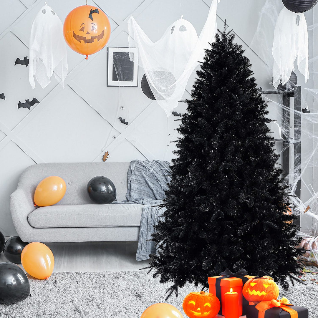 7FT Pre-Lit Black Christmas Tree with 450 White LED Lights 1916 PVC Tips Artificial Christmas Tree with Metal Stand Hing