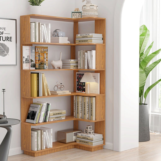 5-Tier L-Shaped Corner Bookshelf with 6 Open Shelves