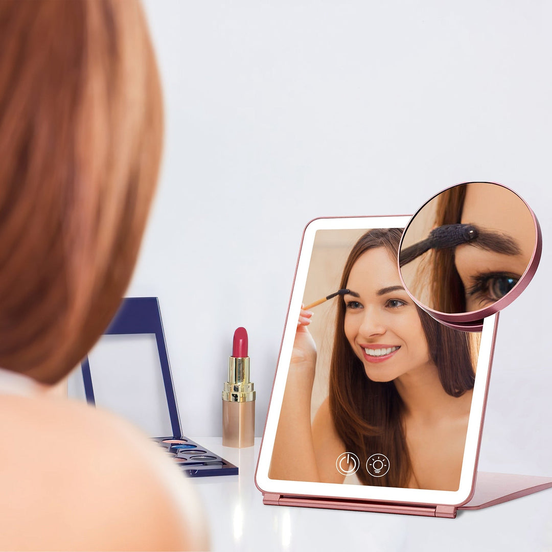 Folding Travel Makeup Mirror With 10X Magnifying Mirror 3 Color LED Lights Dimmable Brightness Rechargeable Battery Tabletop Portable Cosmetic Mirror