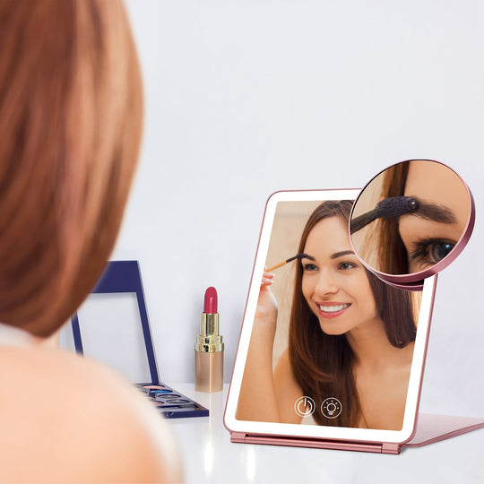Folding Travel Makeup Mirror With 10X Magnifying Mirror 3 Color LED Lights Dimmable Brightness Rechargeable Battery Tabletop Portable Cosmetic Mirror