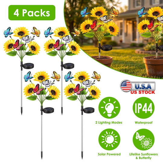 Solar Sunflower Lights with Butterfly Accents - 4 Pack