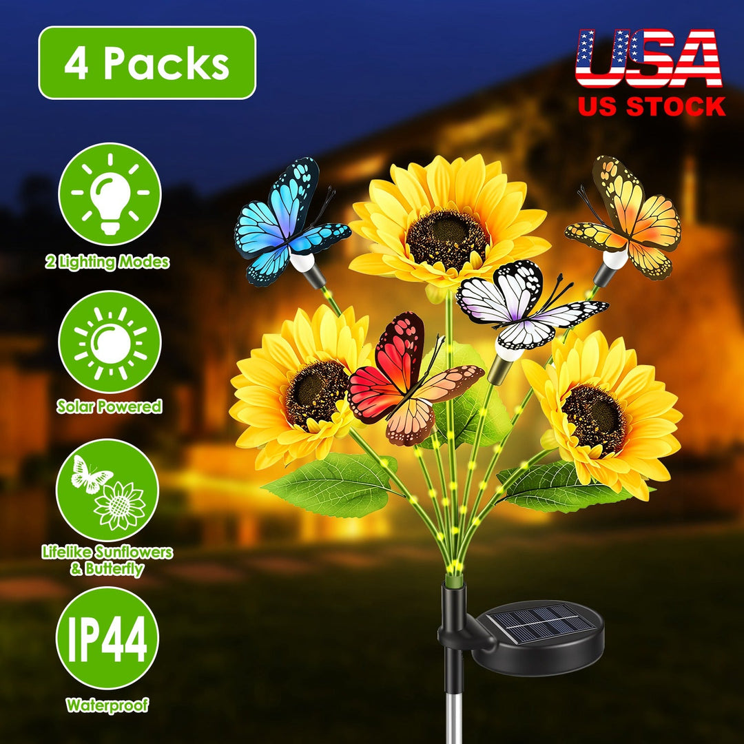 Solar Sunflower Lights with Butterfly Accents - 4 Pack
