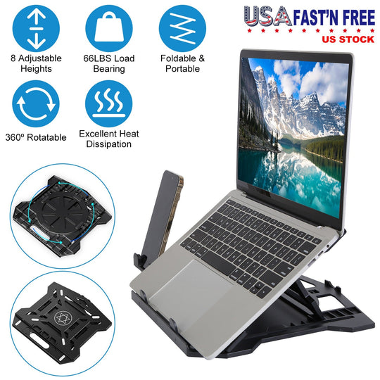 360¼ Rotating Laptop Riser Stand Foldable Desk Laptop Riser Tablet PC Holder with Phone Stand 8 Level Adjustable Height Inbuilt Handle for Home Office