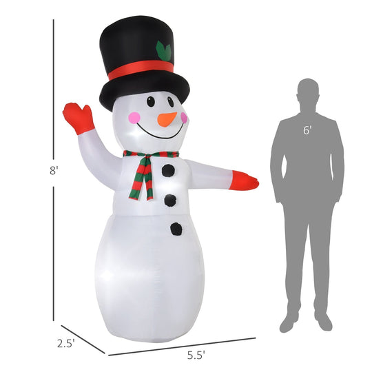 8FT Inflatable Waving Snowman with LED Lights & Built-In Fan