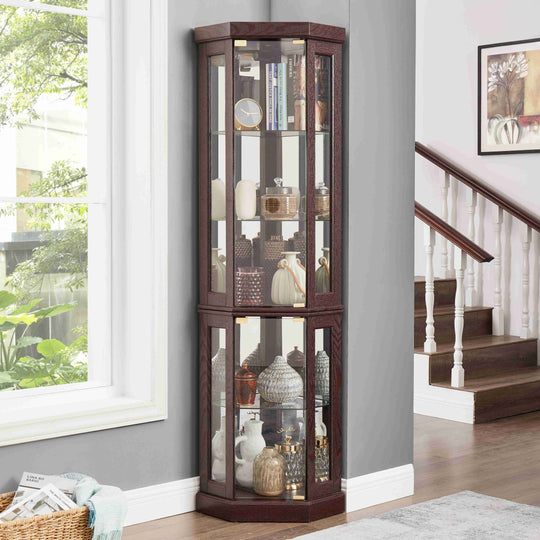 5-Tier Lighted Corner Curio Cabinet with Adjustable Glass Shelves