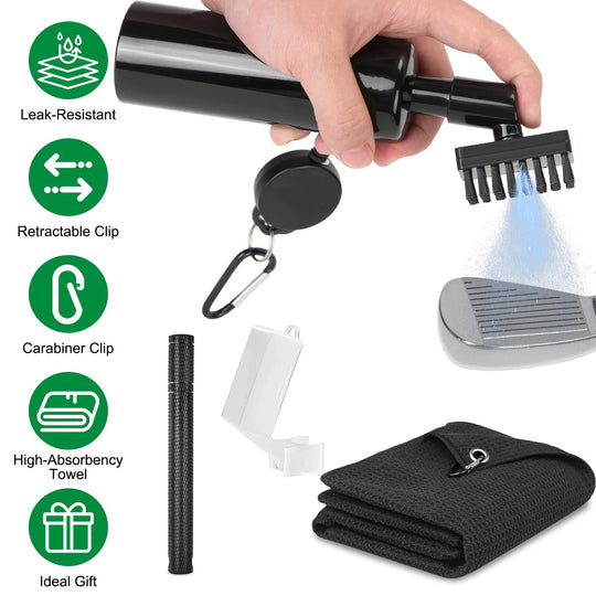 3 In 1 Golf Club Cleaning Kit Golf Club Cleaner Brush with 5Oz Water Bottle Retractable Clip Groove Sharpener Golf Towel Gift for Golfers