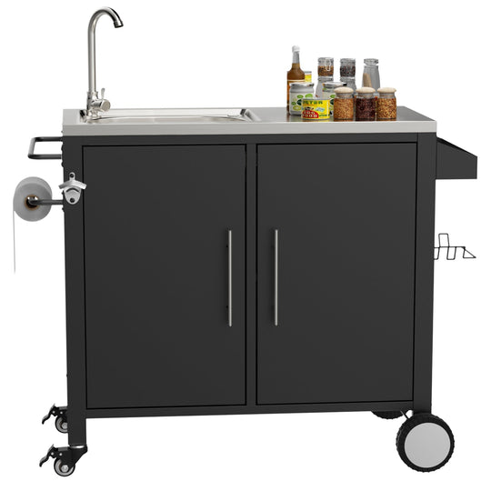 Outdoor Grill Cart with Sink, Storage & Fold-Down Side Table