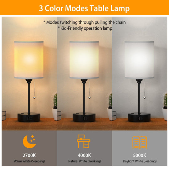 2Pcs Beside Lamps for Bedroom 3 Color Modes Nightstand Lamp USB C+A AC Output Ports Pull Chain E26 Bulb Light